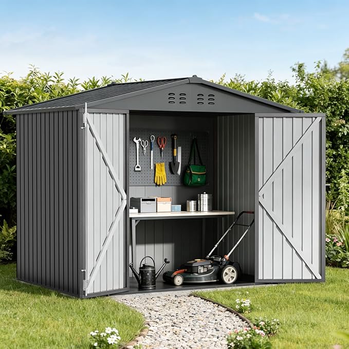 COMHOMA Shed Storage Outdoor Metal Windowed Lockable Weatherproof Ventilated Backyard Garden Utility Workshop(Grey,8'*6')