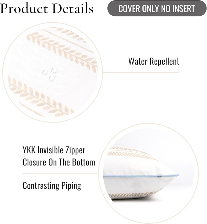 Hofdeco Premium Coastal Hampton Patio Indoor Outdoor Throw Pillow Cover Only, 22"x22" Water Repellent for Backyard, Couch, Poolside, Neutral Tan Blue Print Leaf Striped (Pack of 2)