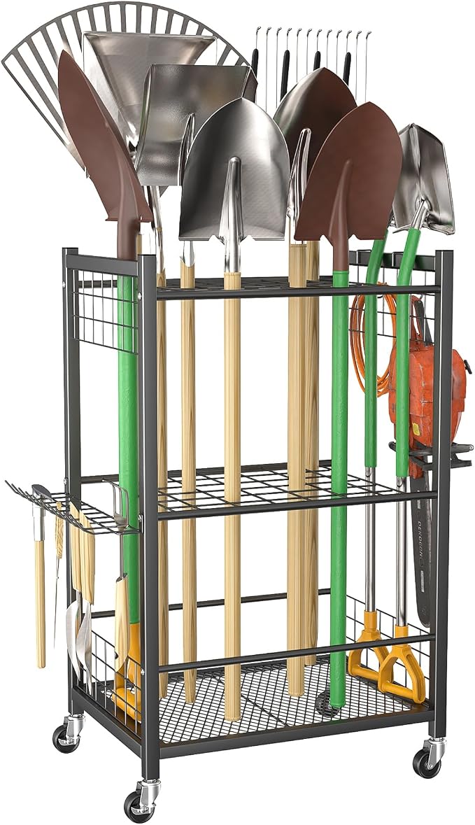 WALMANN Garden Tool Organizer with Wheels for Garage, Rakes/Shovels/Yard Tools Storage Stand for Garden, Yard, Indoor/Outdoor Long-Handled Tools Rolling Cart(Tool stand)
