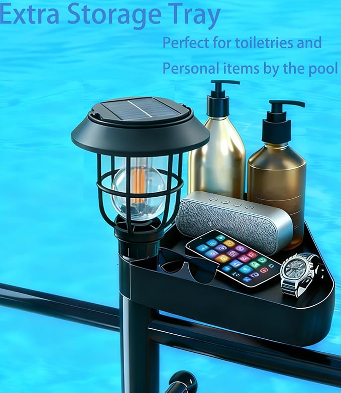 Pool Outdoor Towel Rack with Solar Light, 6 Bars with Top Tray Metal Heavy Duty Pool Accessories with Heavy Metal Base, Hot Tub Accessories for Pool and spa