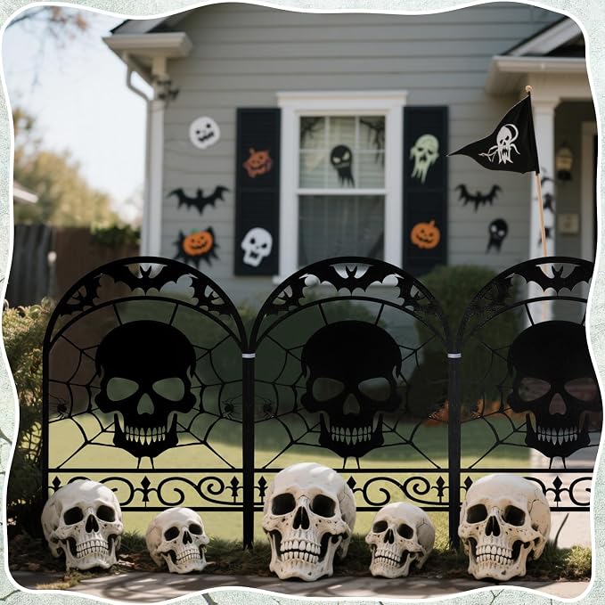Yaocom 6 Pack Halloween Skull Fence Outdoor Decoration Spooky Graveyard Fence for Halloween Yard Party Decor, Black Metal Decorative Garden Stake Yard Sign for Lawn Porch, 16.5''h x 11.8''w