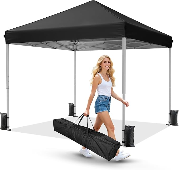 Driftalia 10x10 Pop Up Canopy Tent, Instant Setup Portable Canopy with Carry Bag, 4 Sandbags and 8 Stakes for Outdoor Events, Parties & Camping - Black