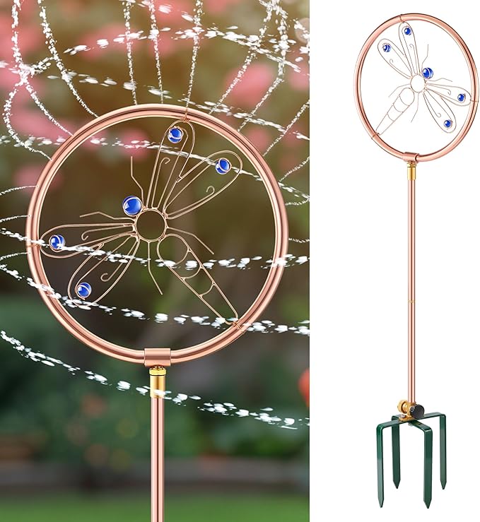 34" H Copper Coated Stainless Steel Ornamental Sprinkler, Corrosion Resistant Garden Rotating Sprinkler 360 Degree Shape Decorative for Lawn Garden Landscape(Dragonfly)