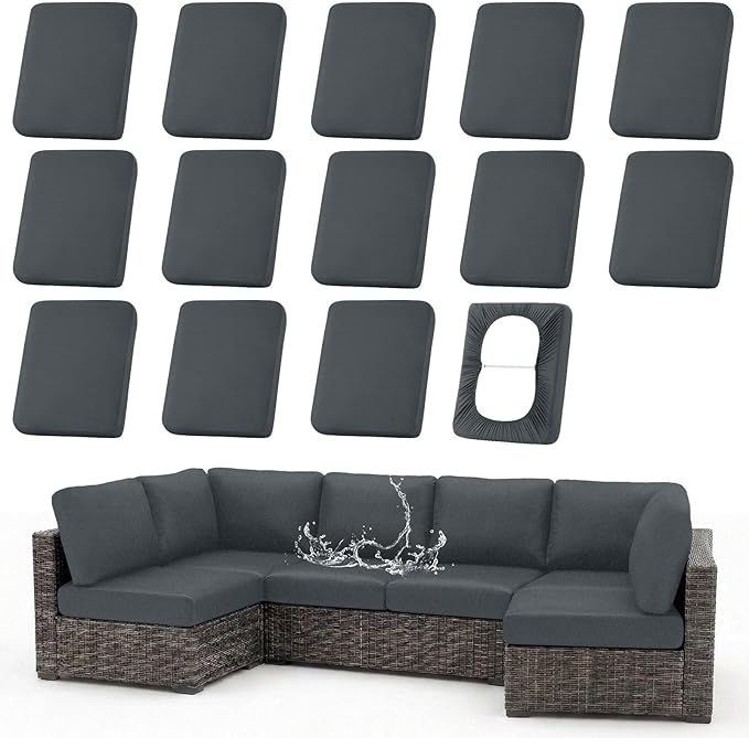 hyha Waterproof Outdoor Cushion Covers for Patio Furniture, Stretch Patio Chair Cushion Slipcovers, Coated UV Resistant Replacement Seat Covers, Solid Color (Dark Grey, 14PC)