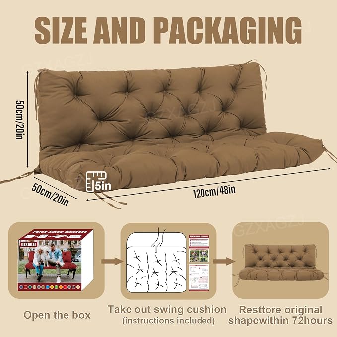 Waterproof Outdoor Swing Cushions 2-3 Seater Replacement Thicken 5" Porch Swing Cushions 48 inch Bench Swing Cushion with Backres and Ties for Outdoor Furniture Patio Backyard Porch(Coffee)