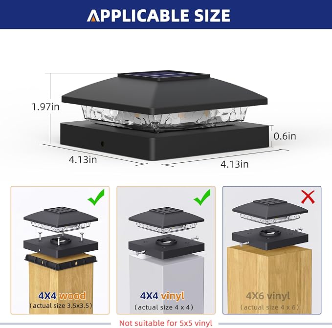 APONUO Solar Post Cap Lights for 4x4 Posts - IP64 Waterproof, 3000K LED, No-Wire Fence Lights & Deck Lights for Patio Garden Yard Patio, Black-Warm White, 8 Pack