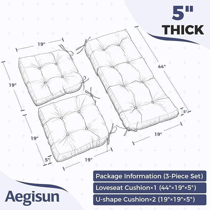 Wicker Chair Cushions of 3 Pieces, Waterproof Cushions for Patio Furniture, Tufted Wicker Outdoor Furniture Cushions, 1 Patio Loveseat Cushion and 2 U-Shaped Cushions, 44"x19"x5", Beige