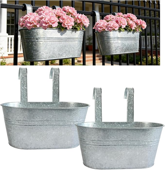 Balcony Galvanized Hanging Planters Railing Flower Pots, Outdoor Metal Fence Planter Pot with Detachable Hooks Drain Hole for Garden Patio Yard Decor (12 Inch, 2Pcs)