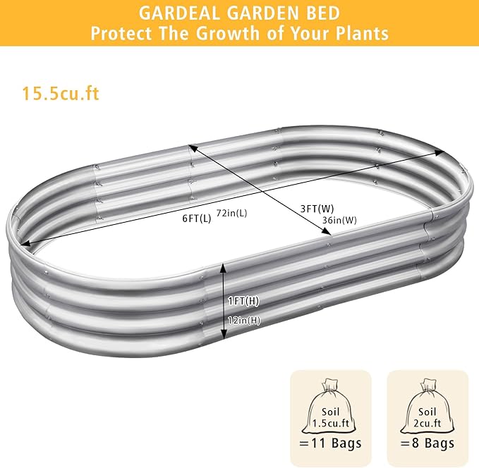 Gardeal Garden 6x3x1ft Galvanized Raised Garden Bed Kit - Metal Planter Boxes for Vegetables/Herbs/Flowers, Heavy-Duty Steel Outdoor Garden Box with Reinforced Edges(6X3X1FT)