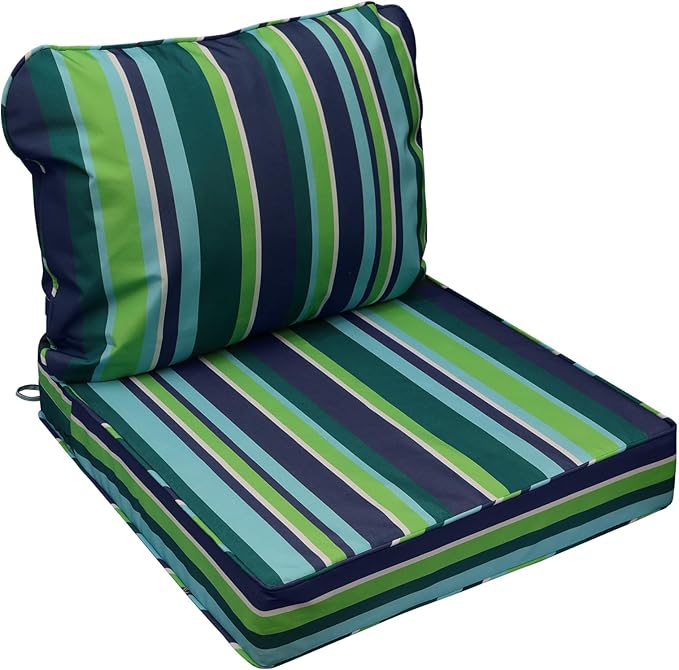 AAAAAcessories Outdoor Seat Cushions for Chairs, Fade-Resistant, Waterproof Patio Furniture Replacement Cushions, 22" x 22" x 3" + 22" x 17", Stormy Teal Coastal Stripe
