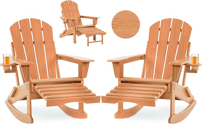 Folding Adirondack Rocking Chair Set of 2,4-in-1 Multifunctional Patio Chairs with Retractable Ottoman, Outdoor Chairs Wood Texture, Lawn Chair for Porch, Backyard, Pool(Teak)