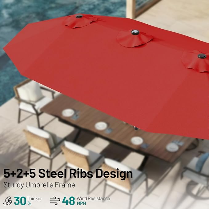 AreShark 13 FT Patio Umbrella with Solar Lights, Double-Sided Outdoor Table Umbrellas with Crank, Large Rectangular Market Umbrella for Porch, Lawn, Pool, Backyard, Red