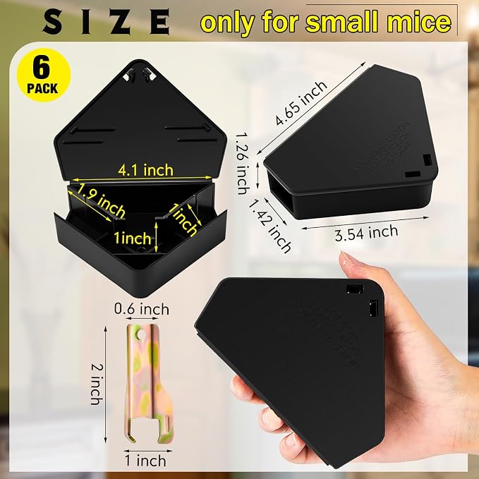Qualirey 6 Pcs Mice Station with Key Triangle Mouse Station Lockable Reusable Bait Box, Enclosed Design for Indoor and Outdoor Use, Suitable for Small Mice (Black)