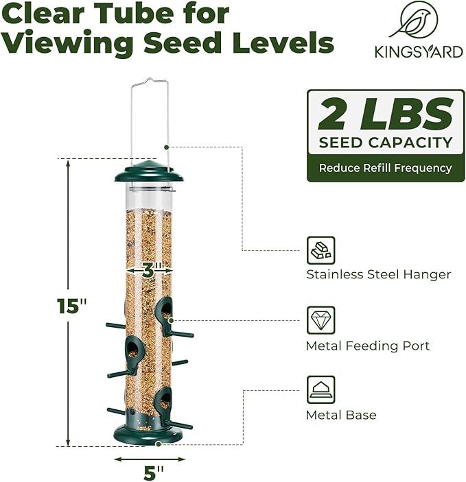 Kingsyard Metal Bird Feeders for Outdoors Hanging, Tube Bird Feeder with 6 Feeding Ports, 15 Inch, Chew-Proof & Weatherproof, Green