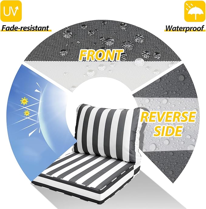 AAAAAcessories Outdoor Seat Cushions for Chairs, Fade-Resistant, Waterproof Patio Furniture Replacement Cushions, 21" x 19" x 3" + 21" x 19", Gray Cabana Stripe