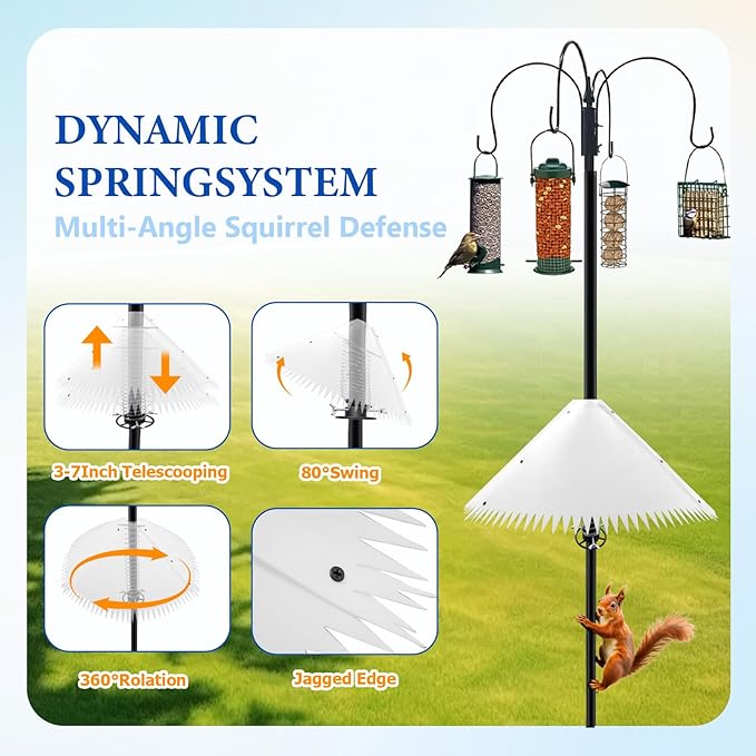Squirrel Baffle for Bird Feeder Pole, White Squirrel Guard Baffle with Steel Spring, Outside Pole Mount Bird House Guard for Outdoor Stand Mount and Hanging Stops Squirrels and Raccoons