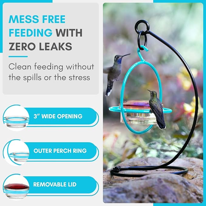 Hummingbird Feeder for Outdoors Hanging, 3.4 OZ Hummingbird Feeders, Glass Bowl with 4 Feeding Ports, Leak Proof Lid & Circular Perch, Bird Feeder (1, Aqua Blue)