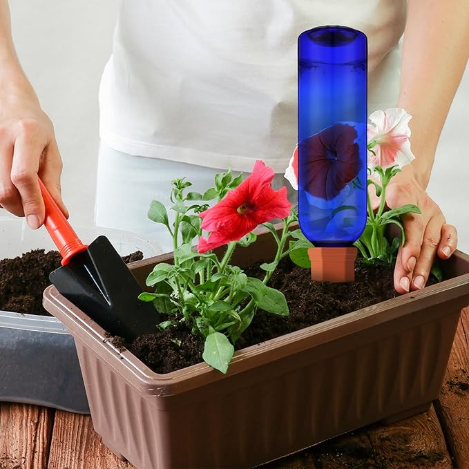SiliFine 3 Sets Plant Watering Devices Include Terracotta Self Watering Spikes and 26 oz Plastic Bottles, Slow Release Vacation Insert Automatic Plant Waterer Device (Blue and Terracotta)