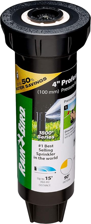 Rain Bird 1804QDSP25 Pressure Regulating (PRS) Professional Dual Spray Pop-Up Sprinkler, 90° Quarter Circle Pattern, 8' - 15' Spray Distance, 4" Pop-up Height