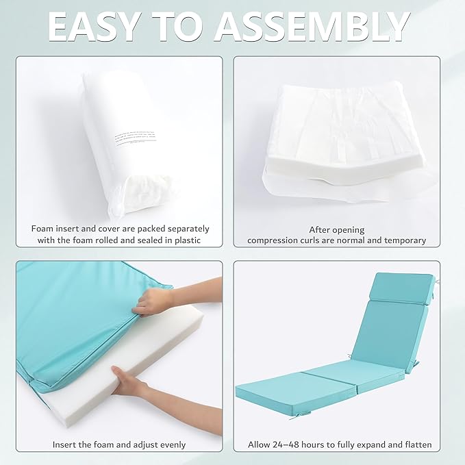 80 x 26 Inch Outdoor Chaise Lounge Cushion - Removable Cover, 4-Section Design, Water-Repellent & Fade-Resistant, 6 Tie Straps, Replacement for Patio & Pool Chairs - Light Blue
