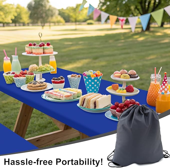 Smiry Picnic Table Cover with Bench Covers, Waterproof Elastic Fitted Polyester Tablecloths for 5 Ft Rectangle Tables, Washable Windproof Tablecloth for Camping, RV & Outdoor (Blue, 30x60 Inches)