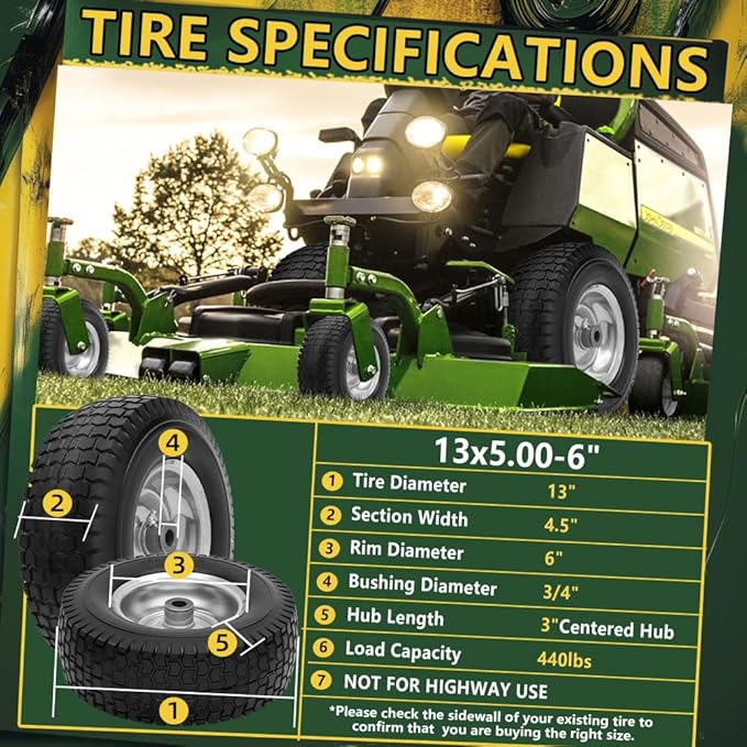 13x5.00-6 Flat Free Tire and Wheel Assemblies (2 Pack),13 x 5 x 6 Solid Rubber Tires and Wheel for Riding Lawn Mower - With 3/4" Bushings (Extra 5/8" Bushings) and 3" Centered Hub (Grey)