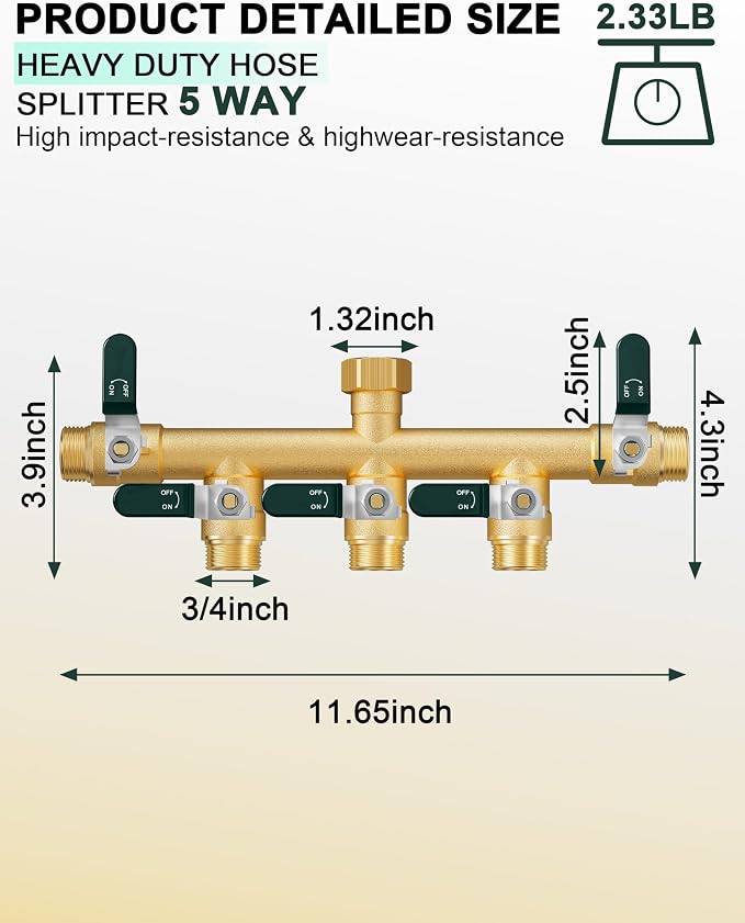 EBH Garden Hose Splitter 5 Way, Heavy Duty Solid Brass Hose Splitter with Shutoff Valves, Water Spigot Splitter With 304 Stainless Steel Handle, Full Flow Outdoor Faucet Splitter, 3/4" GHT Thread