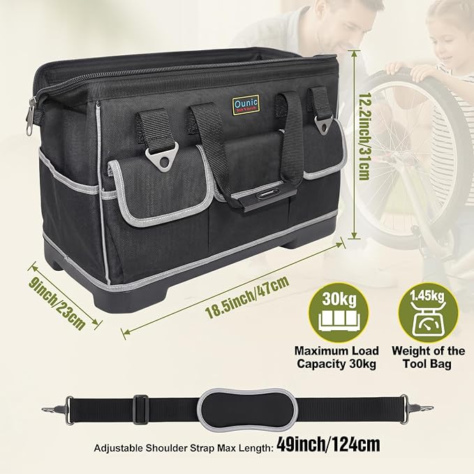 Tool Bag, Ounic 18 Inch Large Tool Tote Bag Heavy Duty With Waterproof Molded Base, Wide Mouth Tool Box Organizer with Adjustable Shoulder Strap for Electrician Mechanic Craftsman Plumbers(Black)