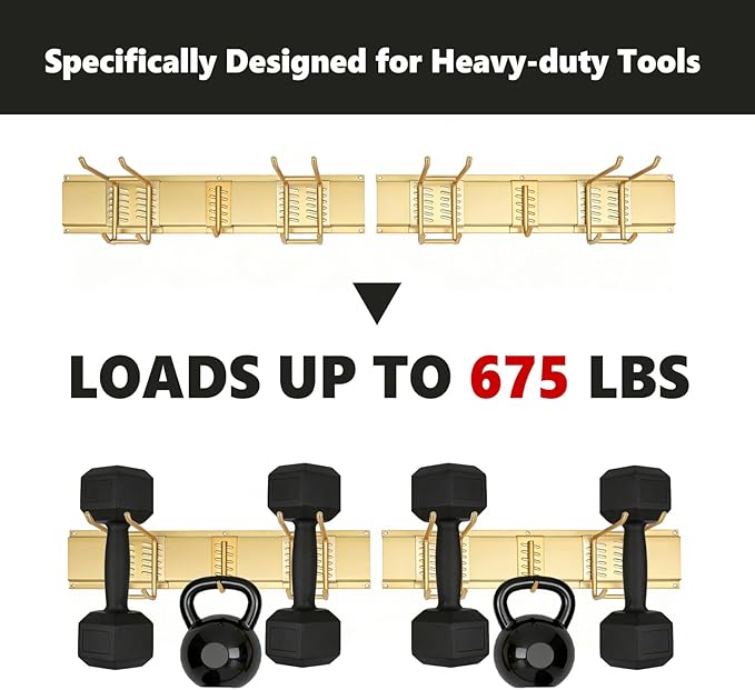 SMILECAT Wall-Mounted Garage Tool Storage & Organization Products.2Panels 6Hooks Carries 675 lbs,33in Storage Rack With Adjustable Heavy Duty Hanging Hooks.Perfect for Shovel,Yard Tools and Shed.Gold