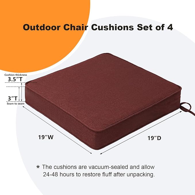Unimatta Sunbrella Square Corner Seat Cushions, 19" x 19" x 3", Set of 4, Indoor Outdoor Water Repellent Universal Chair Pads with Ties for Patio Furniture, Garden Dining Chairs, Spectrum Brick