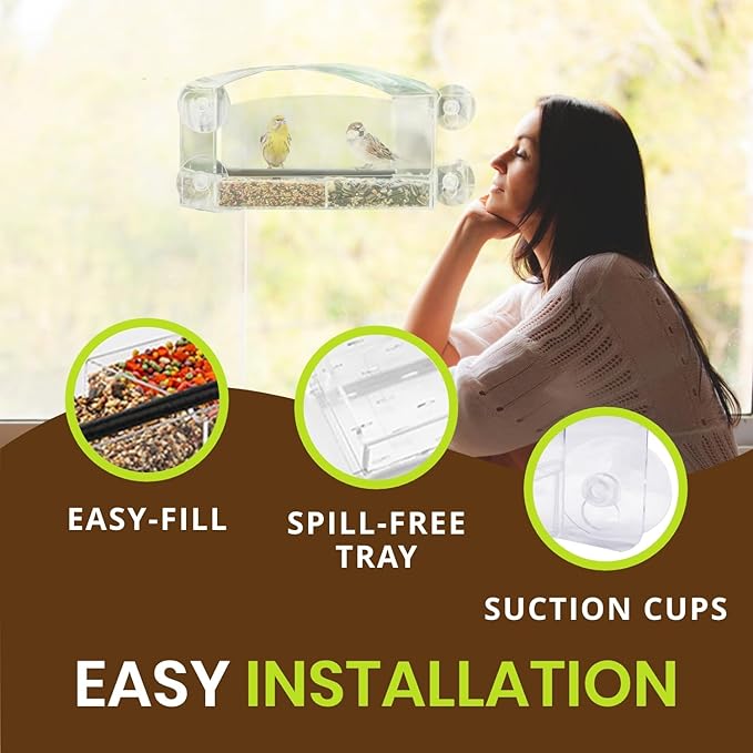 Nature Gear Acrylic Clear Window Bird Feeder with Strong Suction Cups, Removable Sliding Seed Tray, Weather-Resistant & Easy to Clean for Window Viewing, Dome