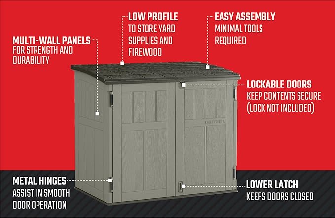 Craftsman Horizontal Shed, Compact Outdoor Storage System, 34 Cu. Ft. Capacity, Made in USA - Lockable Multi-Wall Resin Organizer for Garbage Cans, Garden Tools, Bins, Bikes and Yard Equipment