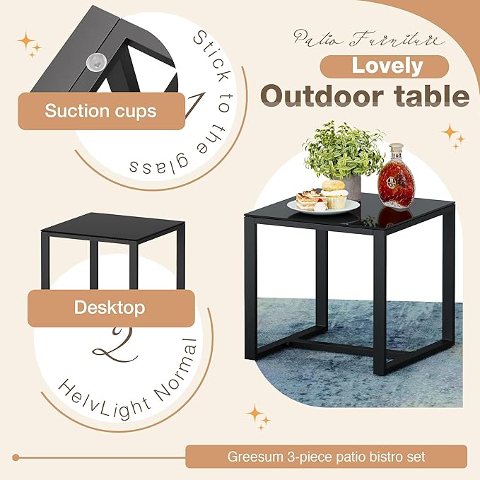 Greesum 3 Piece Outdoor Bistro Set, Imitation Rattan Conversation Set, Patio Furniture with Glass Top Coffee Table for Pool, Deck, Porch, Garden or Balcony, Bright Red