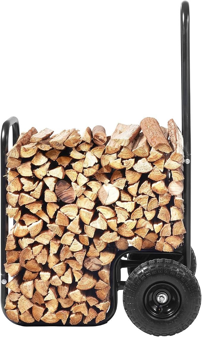 VEVOR Log Cart 250 lbs Load Capacity, Outdoor and Indoor Wood Rack Storage Mover with Pneumatic Rubber Wheels, Heavy Duty Steel Dolly Hauler, Firewood Carrier for Fireplace, Fire Pit, Black