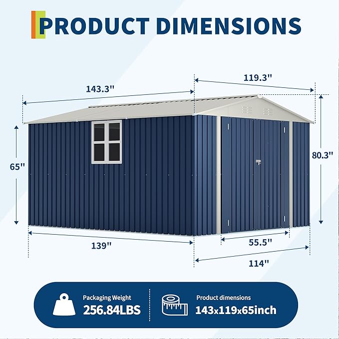 Garvee 10X12 FT Storage Shed with Cross Windows & Lockable Door，Large Outdoor Metal Shed，Peaked Roof Garden Shed for Lawn Mower, Bike, Tools - All Weather Secure Storage