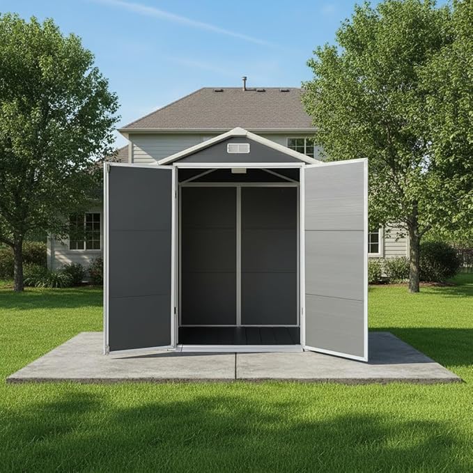 YOPTO 6x4 FT Plastic Storage Shed,Outdoor Storage Shed with Floor and Lockable Door,Waterproof Garden Shed W/Windows & Vents,Sloped Roof,Tool House for Storing Bicycles,Lawnmowers,Gray