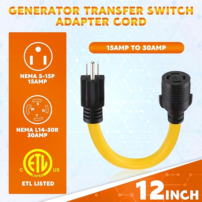 Tellegloww NEMA 5-15P to L14-30R Generator Adapter Cord 15a 3prong Male to 30a 4prong Locking Female Generator Transfer Switch House Inlet Box Adapter, STW 10 AWG, ETL Listed
