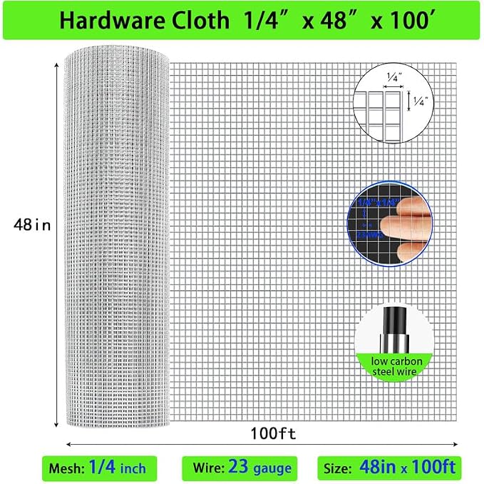 Hardware Cloth 1/4in 4ft x100ft Hot Dip Galvanized Rust Resistant Welded Wire Mesh,23AWG Square Chicken Wire Fence Garden Plants Fencing,Chicken Coop Rabbit Poultry Critters Metal Cage Roll