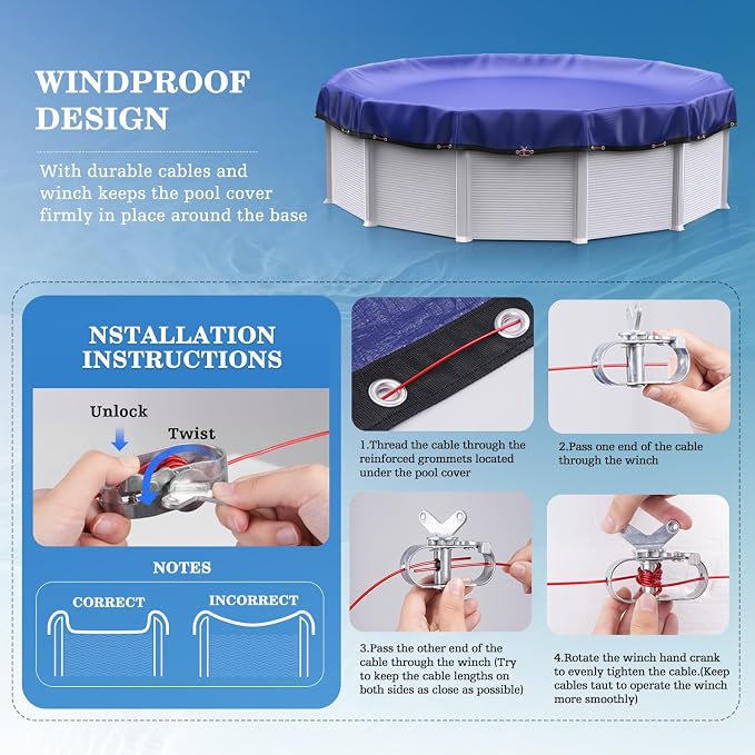 UIRWAY [200GSM Heavy Duty] 30FT Winter Pool Cover 2025 Upgrade Pool Cover for Above Ground Round Pools, UV & Cold Resistant Swimming Pool Cover, Tearproof Tarp with Cable System