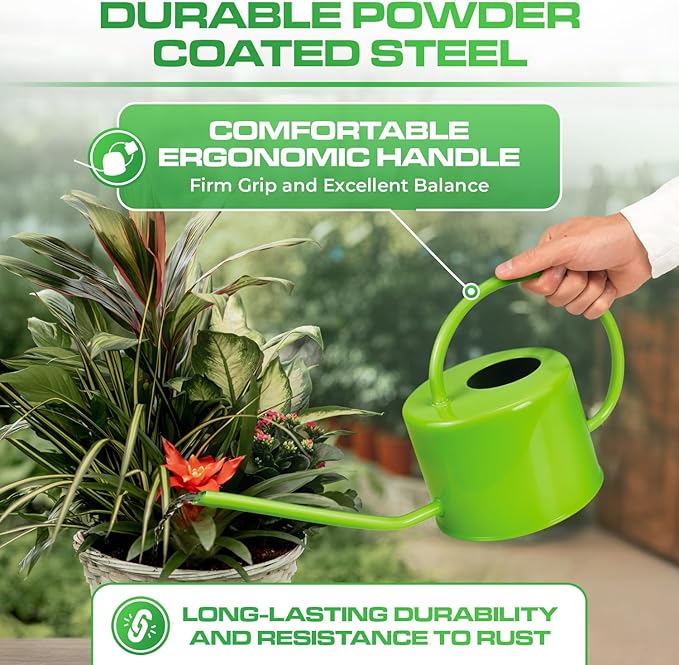 Plexon Long Spout Watering Can Indoor Plants, 40 oz Small Watering Can Pot Metal for Garden Flowers House Plants Mini, Powder Coated, for Mom Girlfriend Daughter, Green