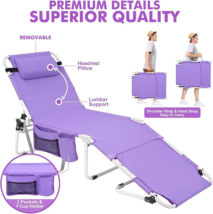 Tanning Chair with Sun Canopy Face Hole Softer Padded Adjustable Washable, Heavy Duty Layout Folding Lounge Chair for Adults Outside Beach Reading Sunbathing Poolside Lawn, UPF 50+ Sun Shade, 300 LBS