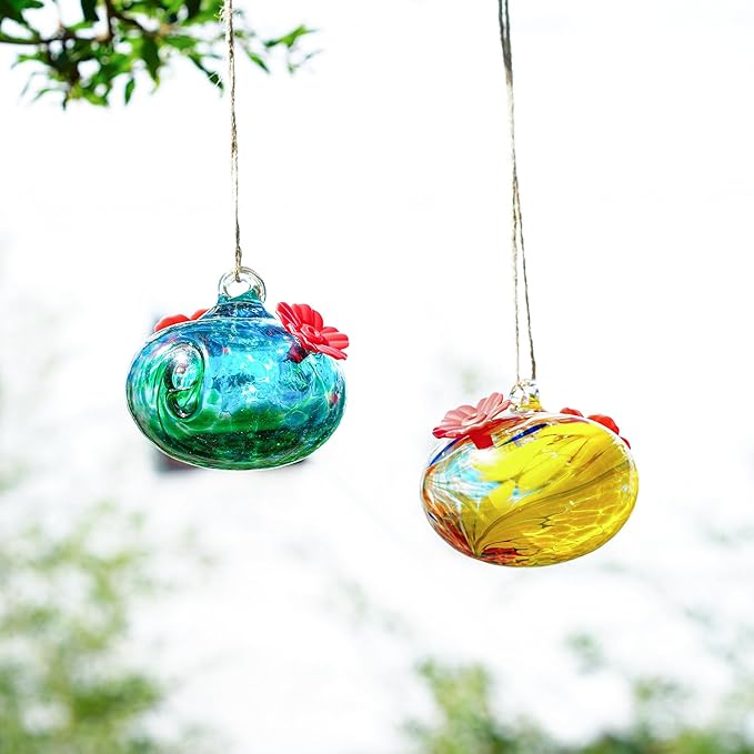 Pack 2 Blown Glass Hummingbird Feeders for Outdoors 3inch Small Glass Humming Bird Feeder for Window Hanging Ant and Bee Proof Humming Birds Feeders Decor for Garden Tree