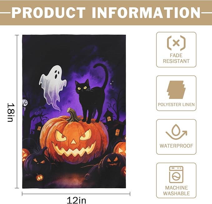 Halloween Pumpkin Ghost Black Cat Garden Flag 12x18 Inch Tree House Shadow Spooky Scary Holiday Decorative Yard Flags for Outside Double Sided Outdoor Home Farmhouse Decoration Porch Decor