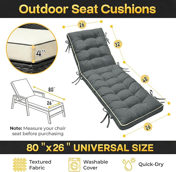 2 Pack 80x26 Inch Folding Chaise Lounge Cushion Quick Dry - Outdoor Sun Lounger Seat Pad with Shredded Foam for Patio Furniture, Deck Chairs, Poolside (Gray, 80 INCH × 26 INCH- 2 Pack)
