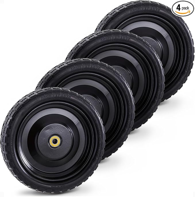 Gorilla Carts 4-Pack 13 Inch Replacement Tires, 2.16” Hub, 5/8” Bore, 300 Lb Capacity Each - No-Flat Wheels for Lawn & Garden Utility Cart, Wagon, Hand Truck, Air Compressor, Pressure Washer and More