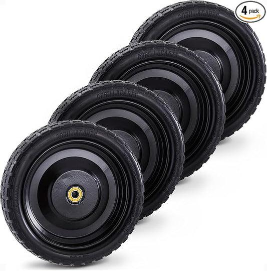 Gorilla Carts 4-Pack 13 Inch Replacement Tires, 2.16” Hub, 5/8” Bore, 300 Lb Capacity Each - No-Flat Wheels for Lawn & Garden Utility Cart, Wagon, Hand Truck, Air Compressor, Pressure Washer and More