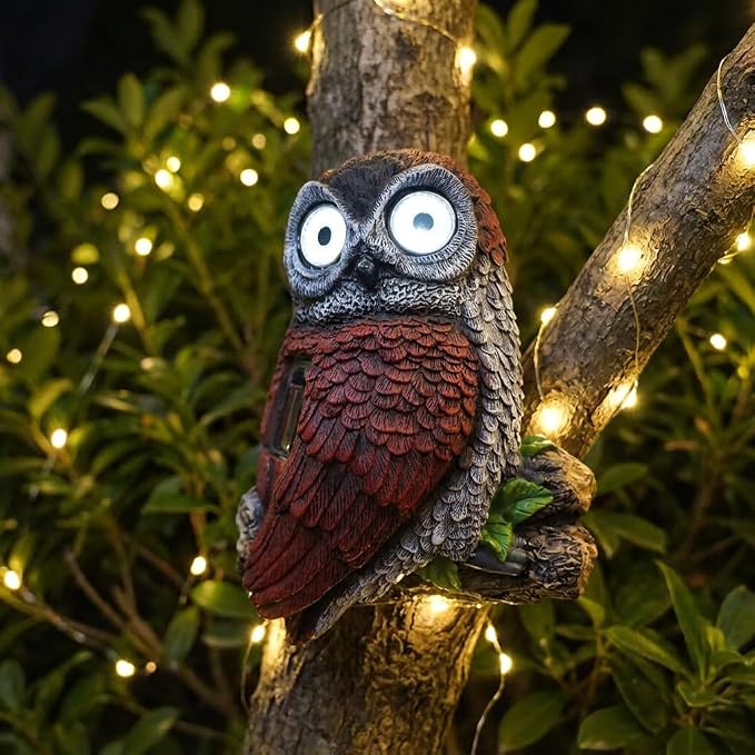 7.8" Solar Owl Garden Statue,Waterproof Owl Solar Lights with Glowing Eyes,Tree Decorations Outdoor for Yard Patio Lawn, Solar Owl Light for Night Garden Decor, Owl Garden Statue for Fence or Wall