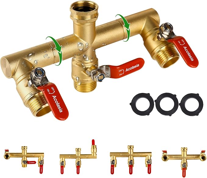 Hose Splitter 3 Way Heavy Duty Brass Garden Hose Splitter with 360° Rotatable, 304 Stainless Steel Long Handle Outdoor Full Flow Hose Splitter Connector, 3/4" GHT Thread