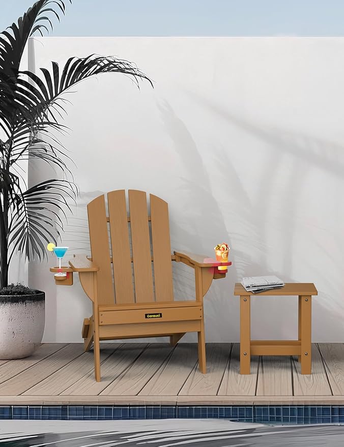 Folding Adirondack Chair Set of 4, Wooden Textured Plastic Adirondack Chairs with 2 Cup Holder, Weather Resistant HDPE Fire Pit Chair, Outdoor Patio Chairs for Garden, Backyard, Lawn, Deck, Teak