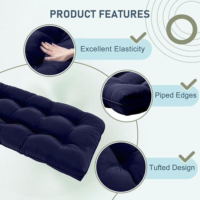 downluxe Outdoor Bench Cushion for Patio Furniture, Water Resistant Tufted Overstuffed Porch Swing Cushions, Thick Outdoor Loveseat Cushions, 59" x 18" x 5", Navy, Set of 1